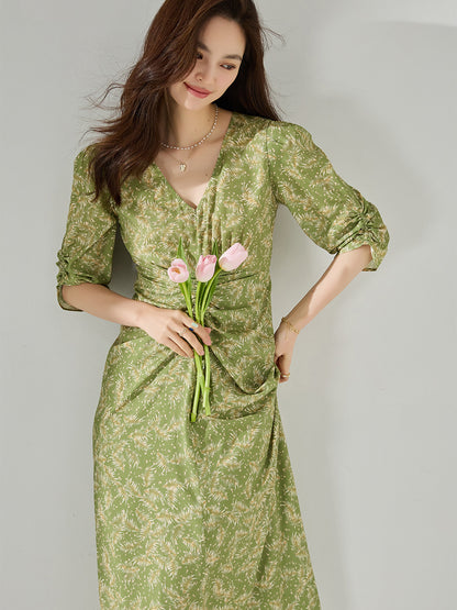 Elegant Floral Puff Sleeve Ruched Waist Dress