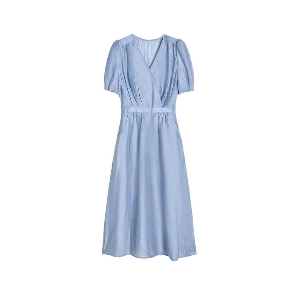 Blue Tencel Jacquard Tie-Waist Midi Dress