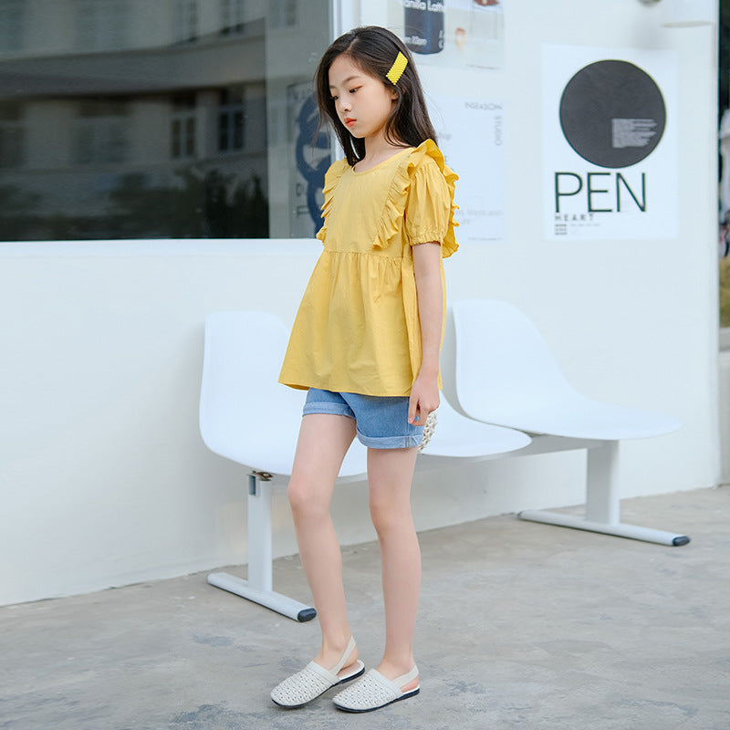 Girls' Korean Style Ruffled Blouse and Denim Shorts Two Pieces Set