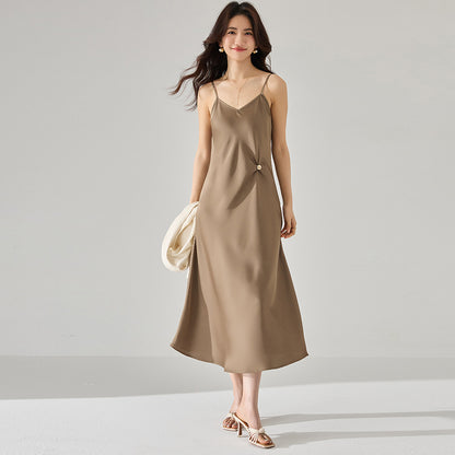 Chic French Satin Cinched-Waist Slip Dress