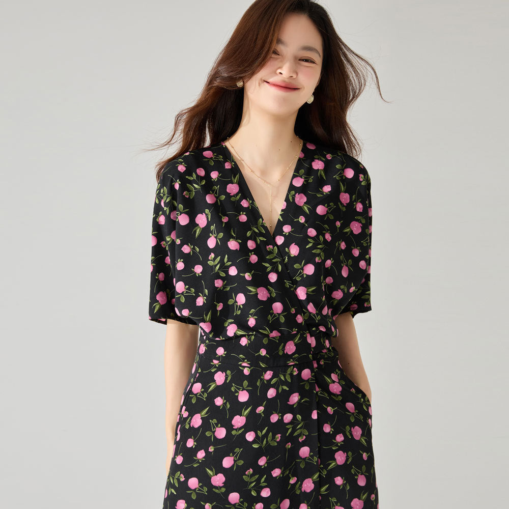 Vintage Elegance Floral Wrap Midi Dress