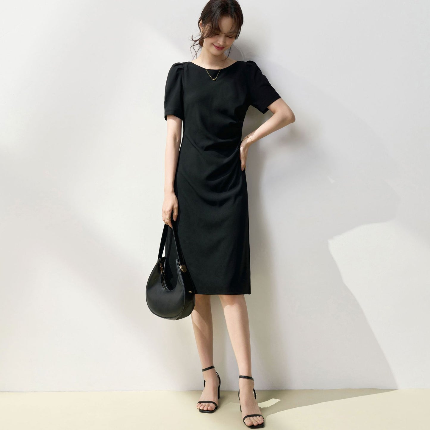 Elegant Back-Twist Black Midi Dress