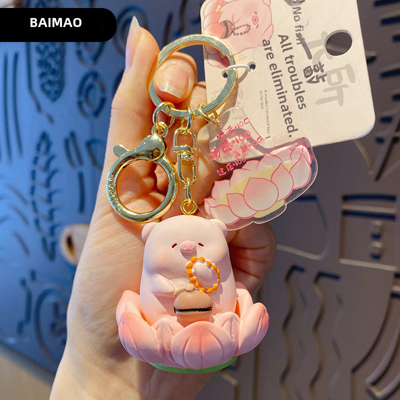 Buddha style Good Luck Lotus Lotus Series Wooden Fish Three Flower Cat Pig Pig Keychain Exquisite Resin Doll Keychain Ring