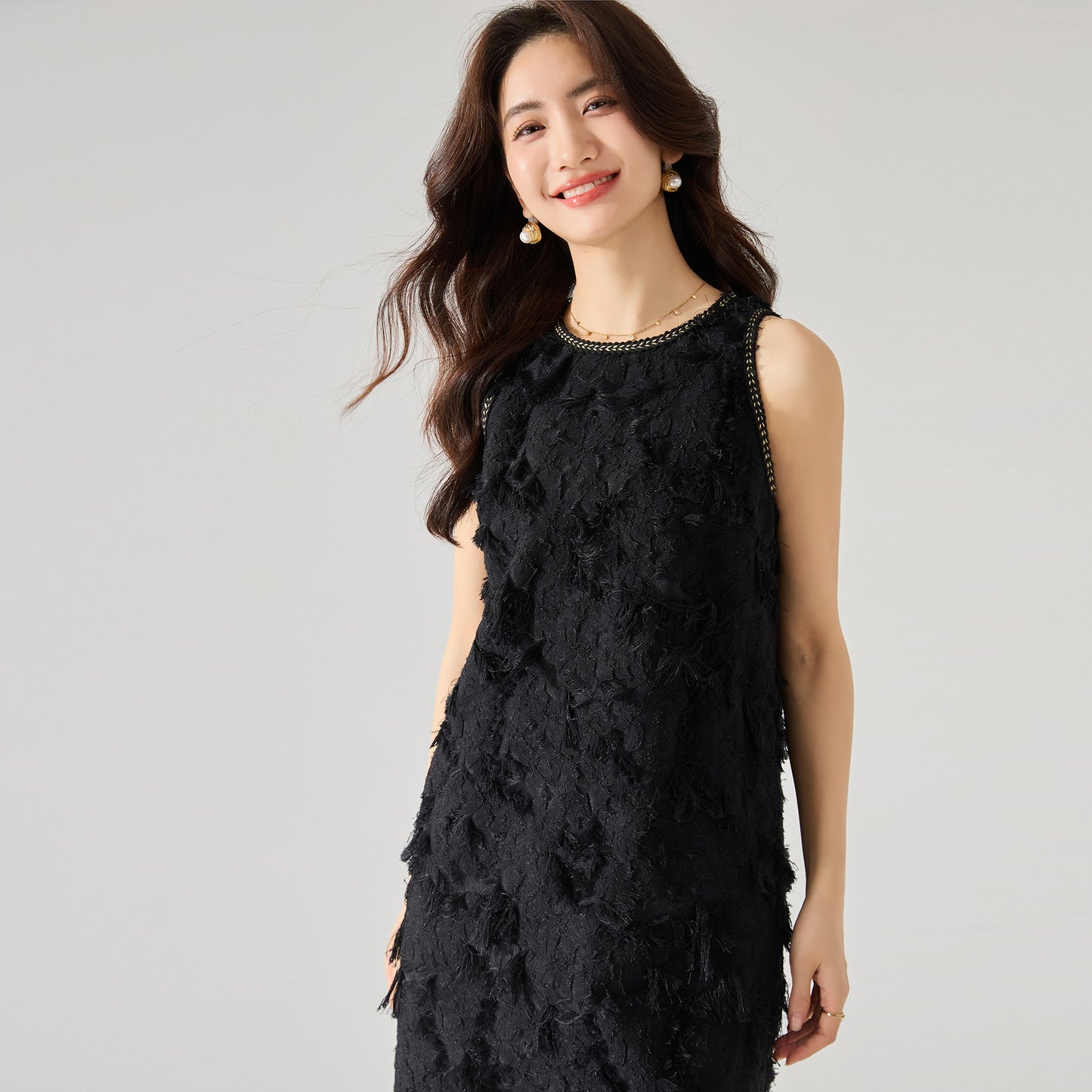 Luxe Textured Soft Glam Fringe Jacquard Dress