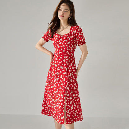 Elegant French Red Floral Slit Puff Sleeve Midi Dress