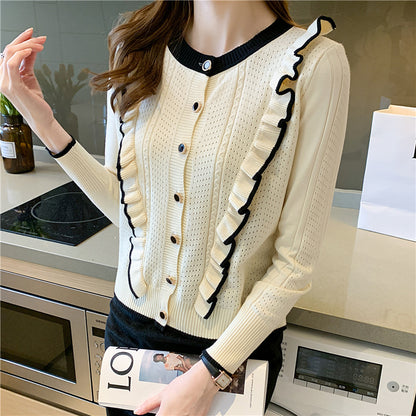 Women's Ruffled Knitted Top with Hollow Design