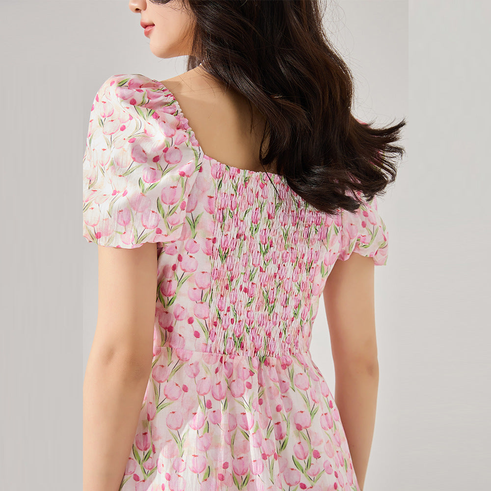 Elegant Floral Puff Sleeve Midi Dress