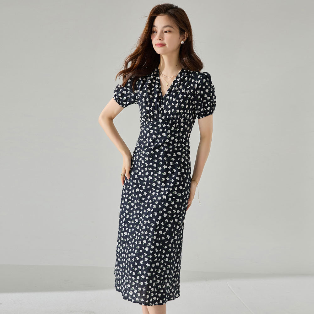 Retro Floral Ruched Midi Dress