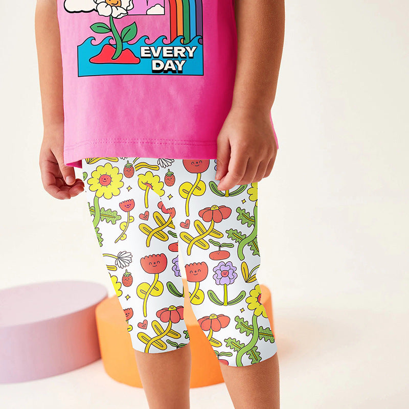Short Sleeve Cartoon Top and Capri Pants Two-pieces Set for Girls