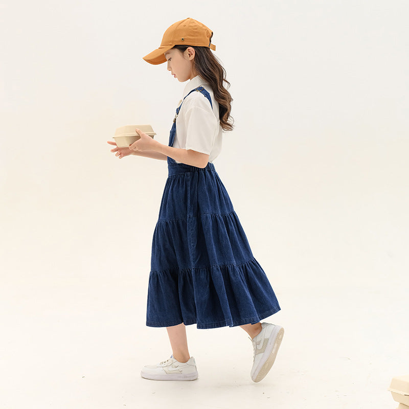 Girls' Japanese Style Shirt and Denim Suspender Dress Two Pieces Set