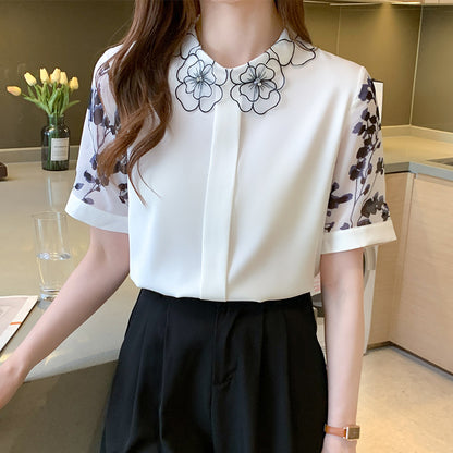 Women's Korean Style Babydoll Collar Short Sleeve Blouse