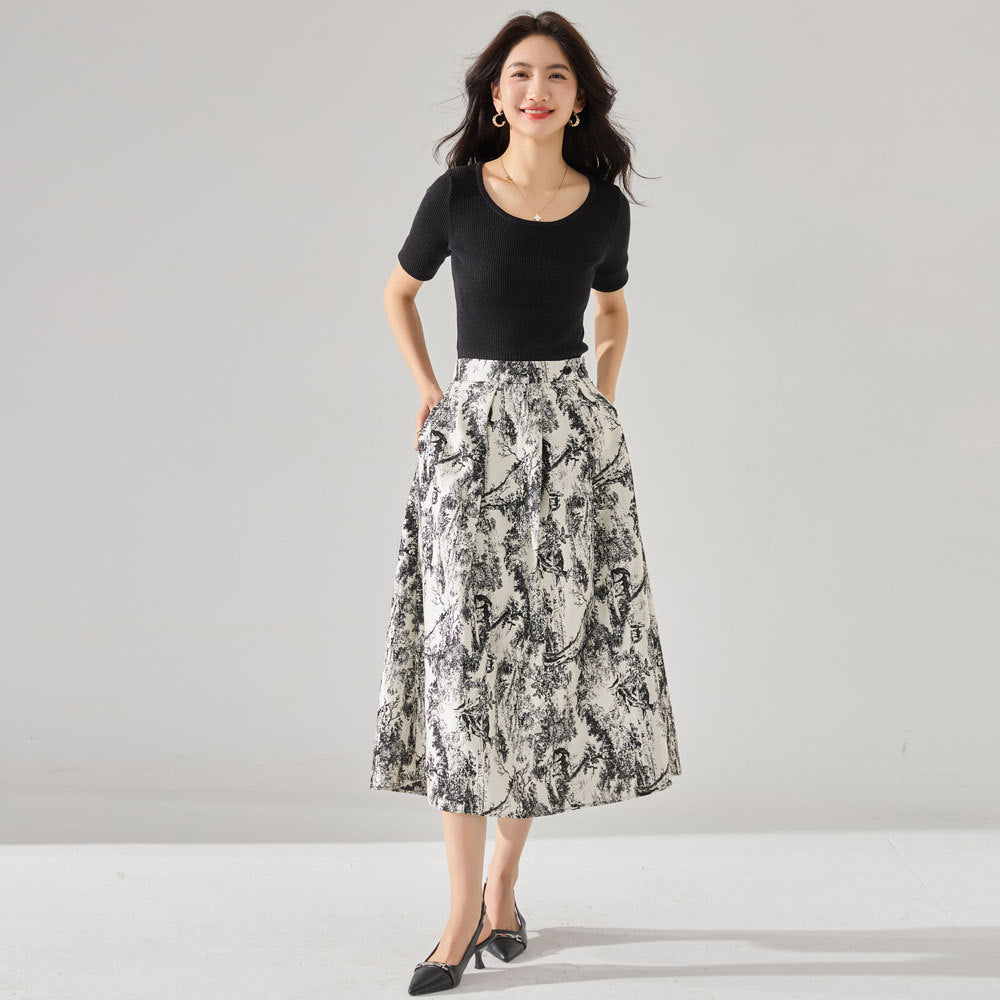 Elegant Pleated Floral A-Line Skirt