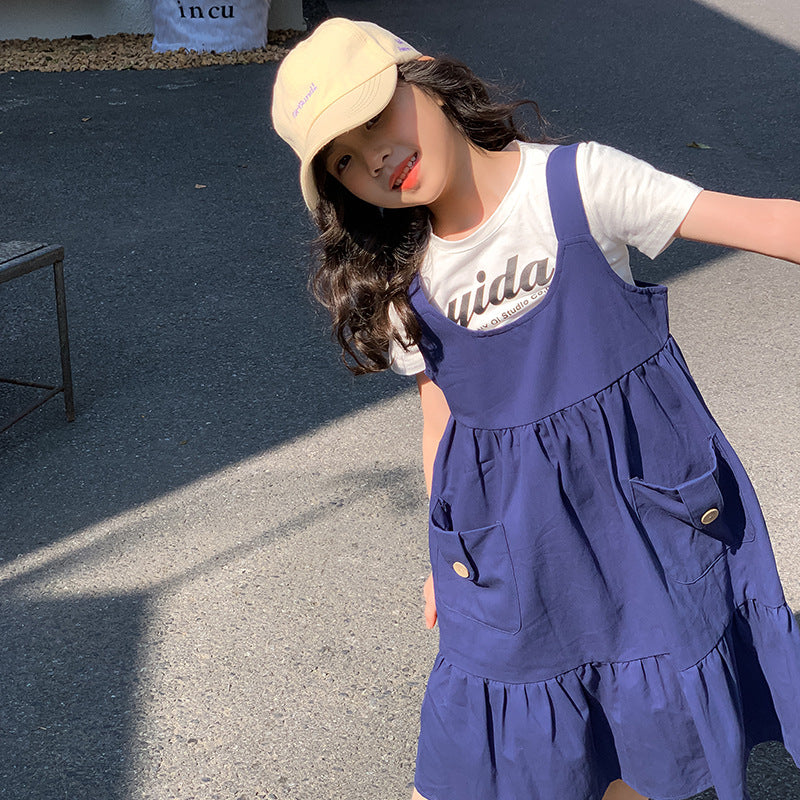 Girls' Korean Style Casual T-shirt and Suspender Dress Two Pieces Set SUNJIMISE Singapore Girls' Korean Style Casual T-shirt and Suspender Dress Two Pieces Set SUNJIMISE Singapore