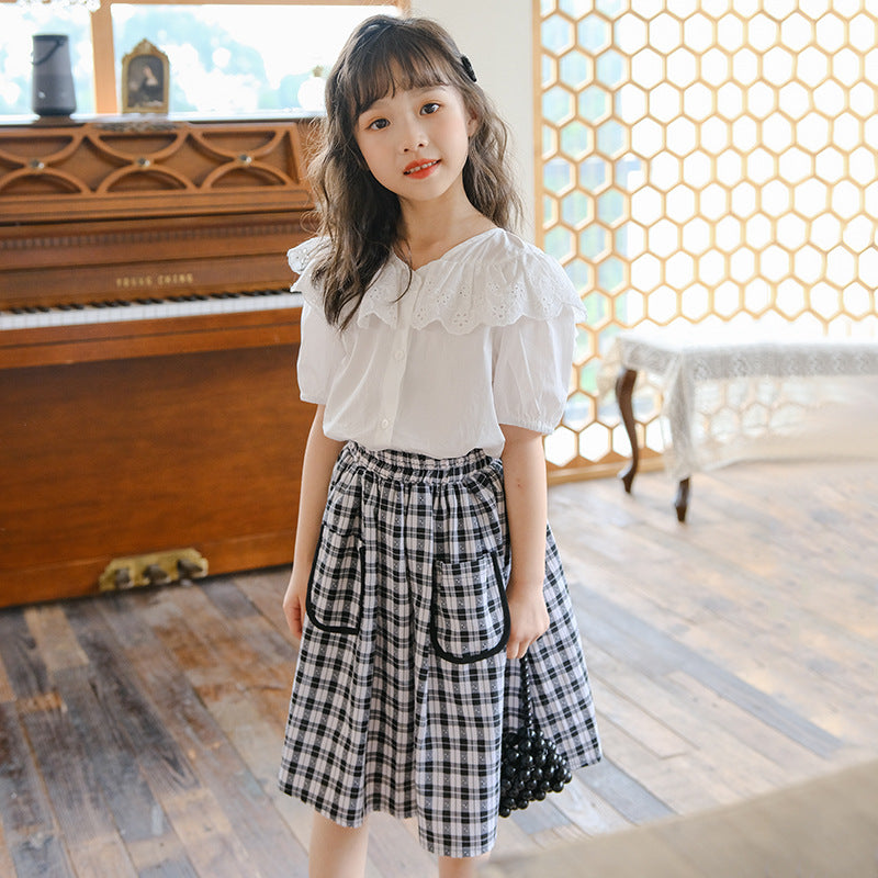 Girls' Casual Blouse and Plaid Skirt Two Pieces Set