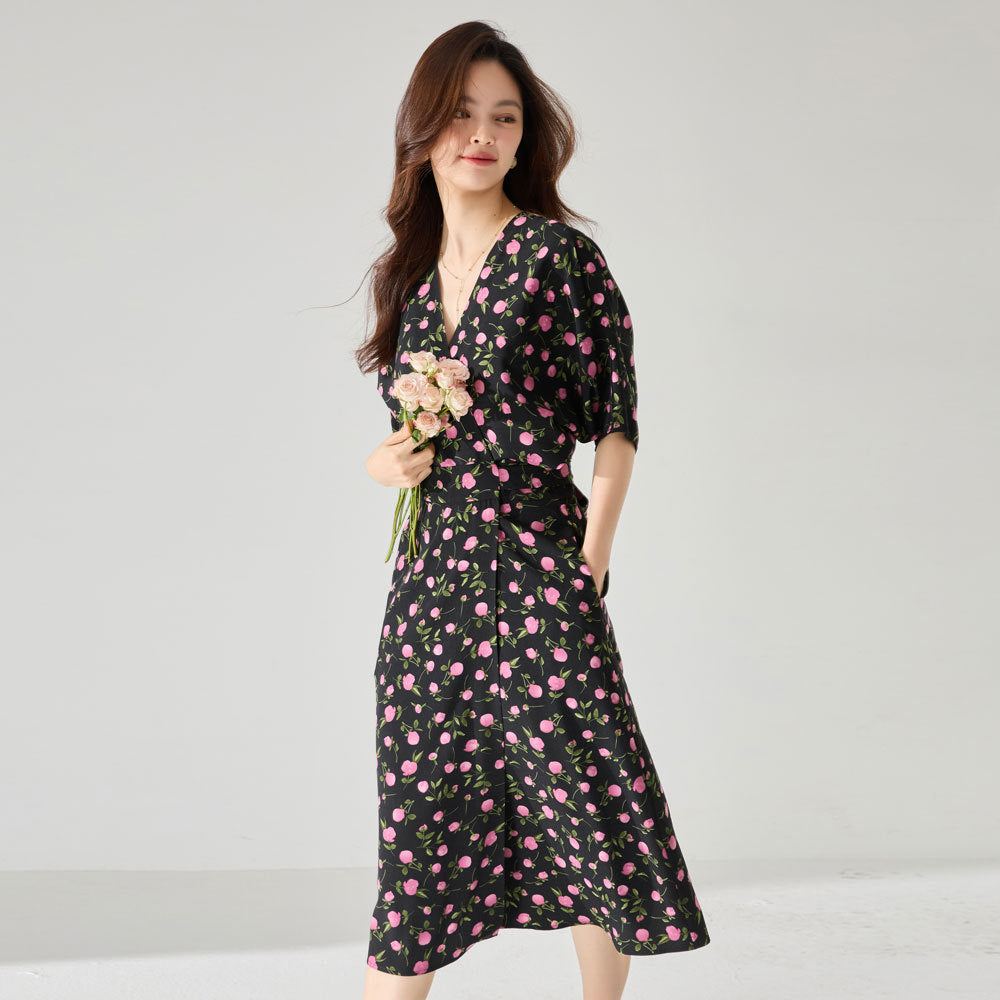 Vintage Elegance Floral Wrap Midi Dress