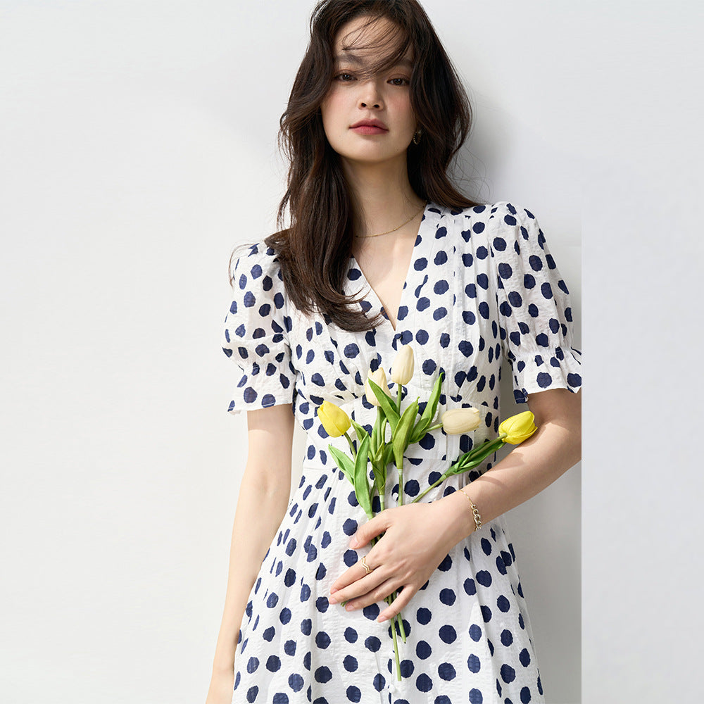 Chic French Polka Dot Jacquard Midi Dress