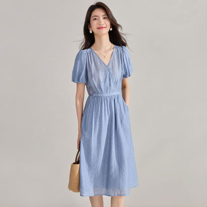 Blue Tencel Jacquard Tie-Waist Midi Dress