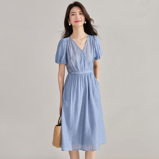 Blue Tencel Jacquard Tie-Waist Midi Dress