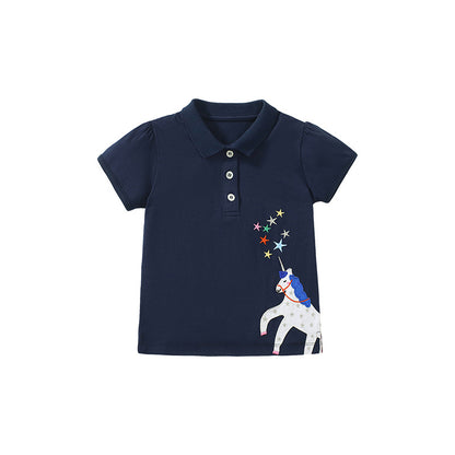 Girls' Short-Sleeved Cotton Embroidered Polo Shirt