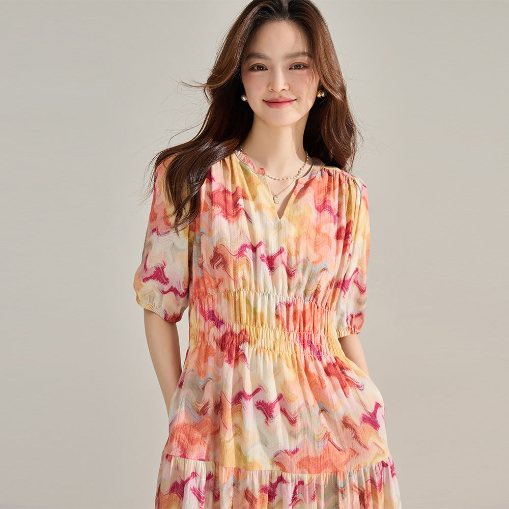 Dreamy Watercolor French Cinched Floral Midi Dress