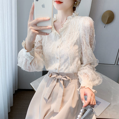 French Style Lace V-Neck Fairy Long Sleeve Blouse