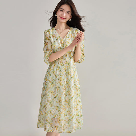 Meadow Green V-Neck Floral Dress