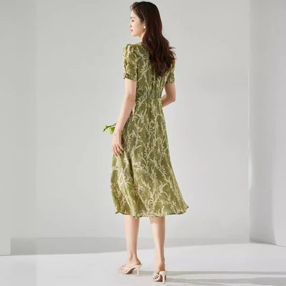 Elegant Avocado Green Floral V-Neck Midi Dress