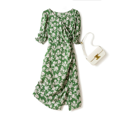 French Green Ruched Floral Wrap Midi Dress