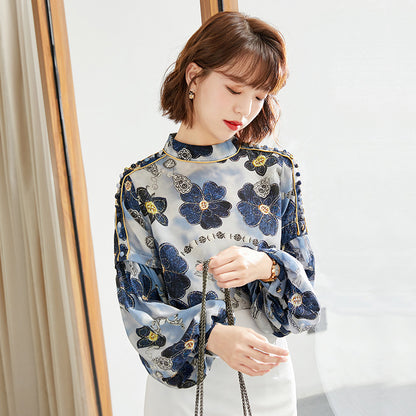 Women's Lantern Sleeves Floral Chiffon Blouse