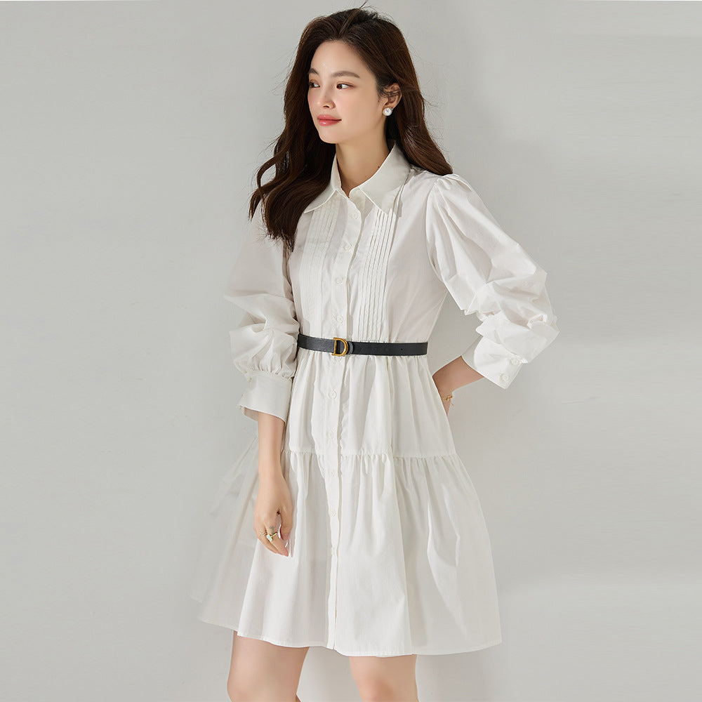 Classic High-Waist White Midi Shirt Dress