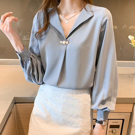 Women's Korean Style Chiffon V-Neck Loose Long Sleeve Blouse