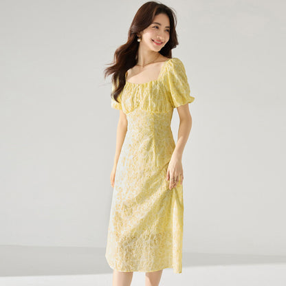 Elegant French Yellow Textured Square-Neck Floral Dress