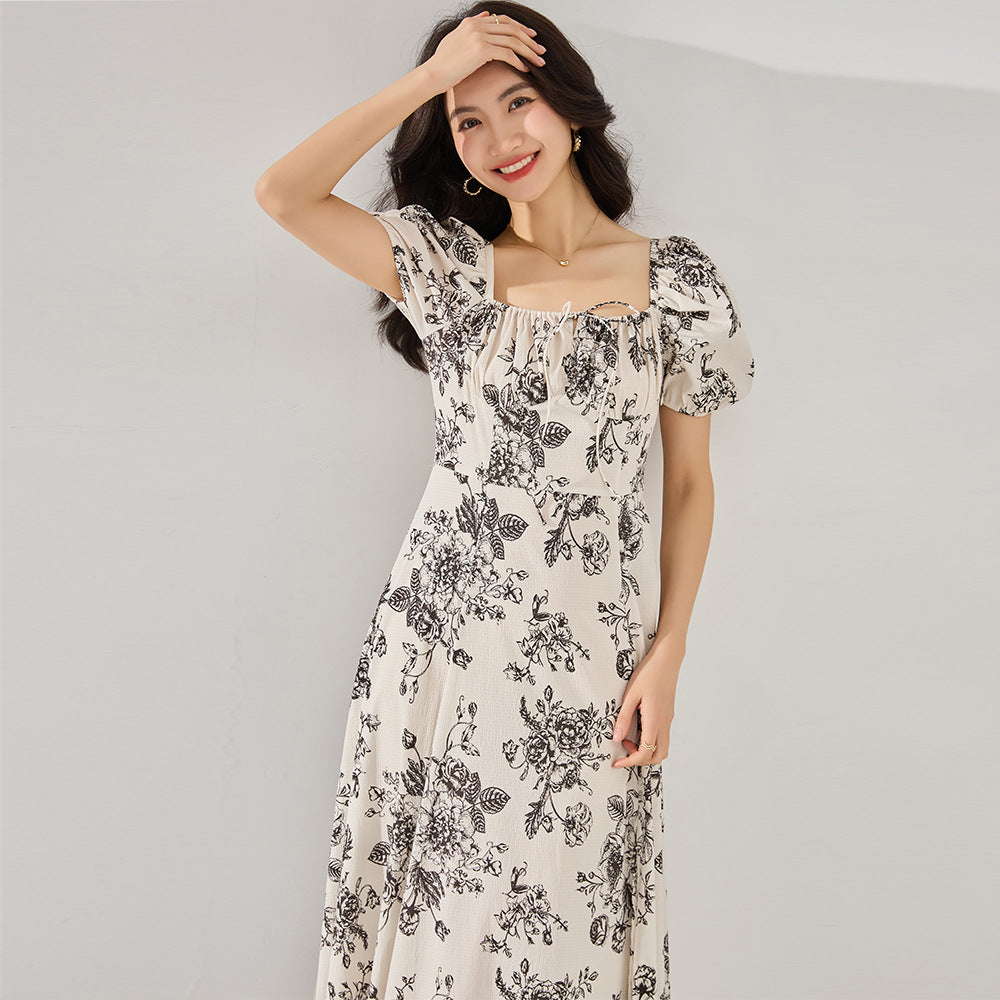 Retro Puff Sleeve Drawstring Floral Midi Dress