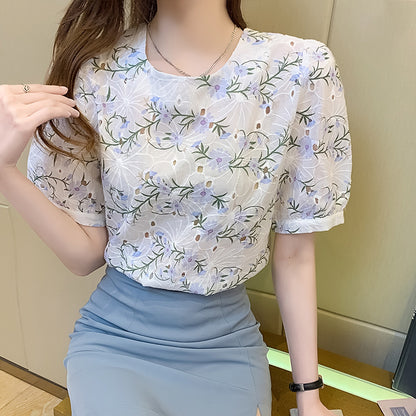 Women's French Style Floral Lace Short Sleeve Chiffon Top