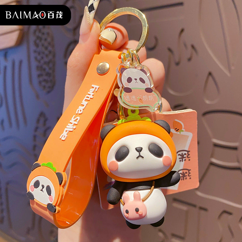 Wooden Carving Panda Keychain Pendant Cute Plush Doll Buddha style Wooden Fish Knocking Relief Ornament