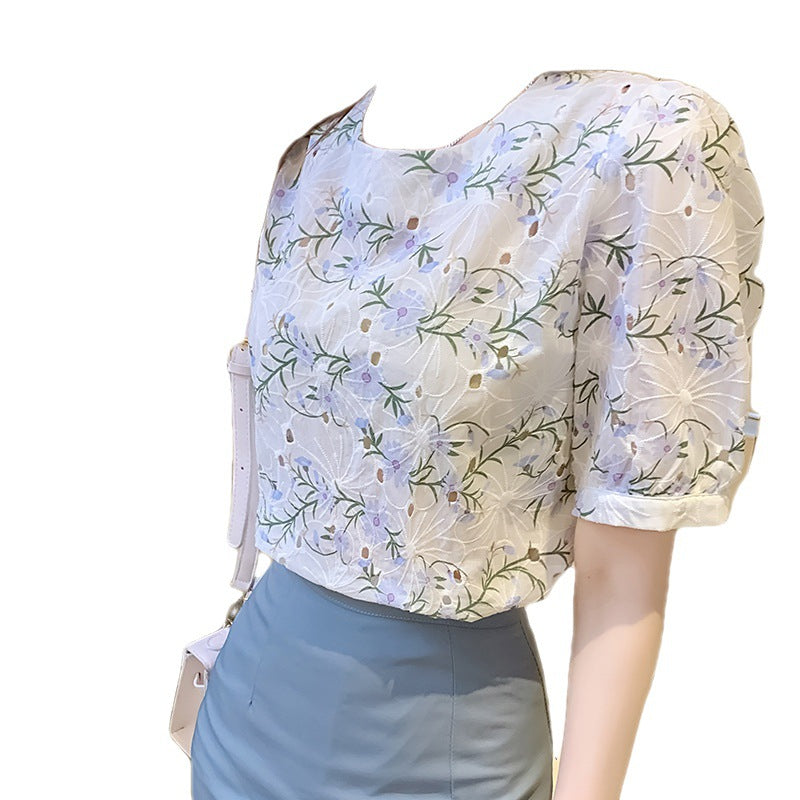 Women's French Style Floral Lace Short Sleeve Chiffon Top