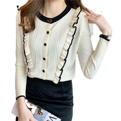 Women's Ruffled Knitted Top with Hollow Design