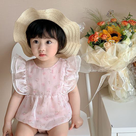 女婴花卉连体衣（带帽子）