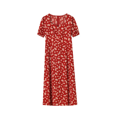 Elegant French Red Floral Slit Puff Sleeve Midi Dress