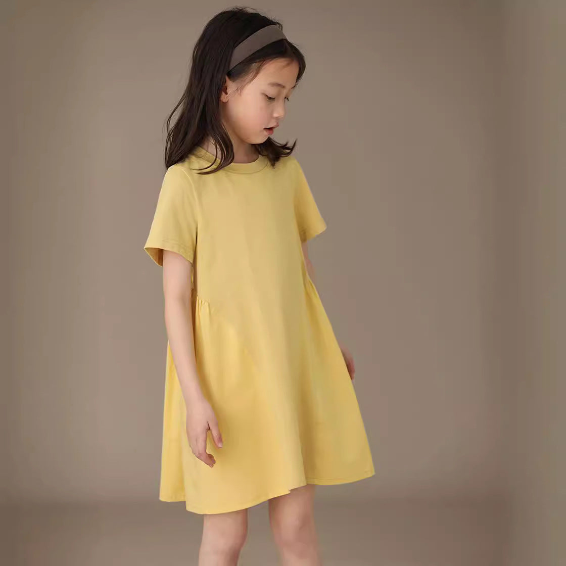 Patchwork Pleated Short Sleeve Girls' Casual T-shirt Dress