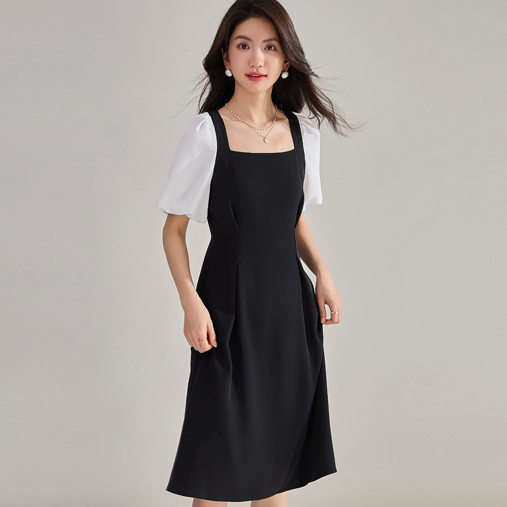 Elegance French Square Neck Puff Sleeve Black Dress