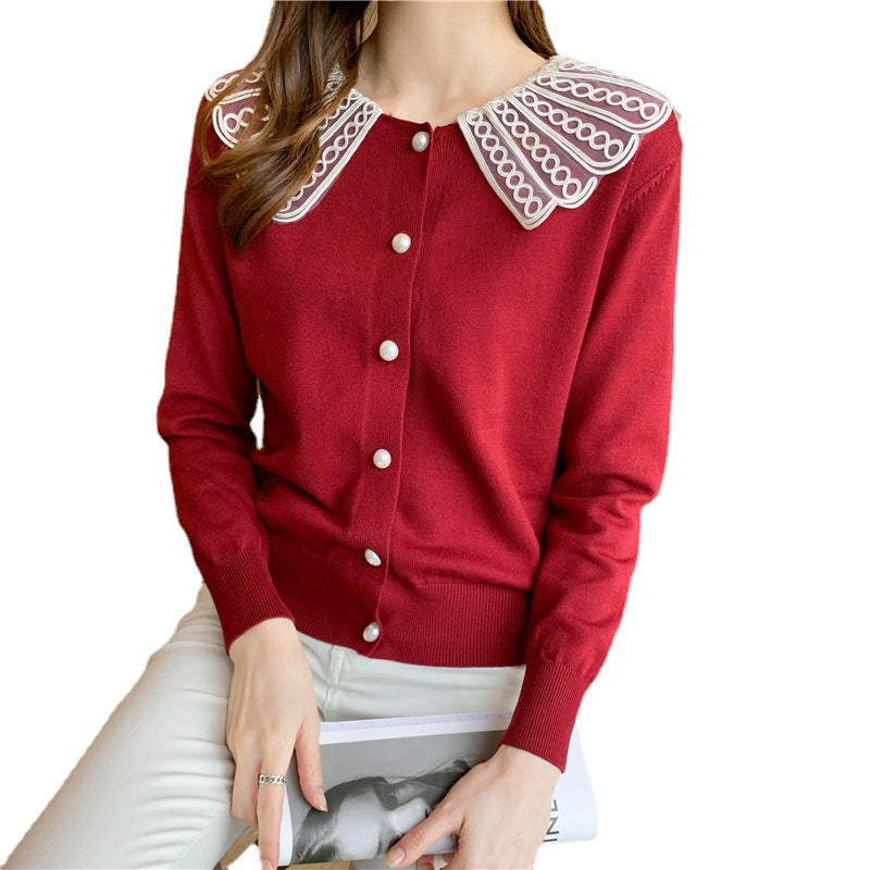 Chic Women's Long Sleeve Preppy Style Baby Collar Cardigan