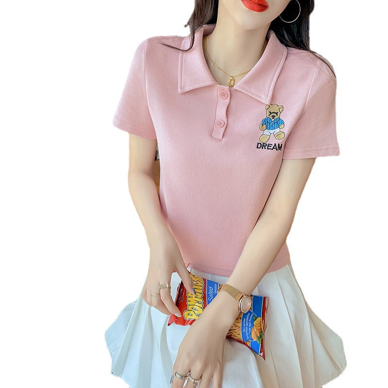 Women's Polo Collar Bear High-Waist Short Sleeve T-Shirt