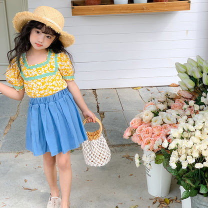 Girls' Korean Style Floral Blouse and Denim Skirt Two Pieces Set