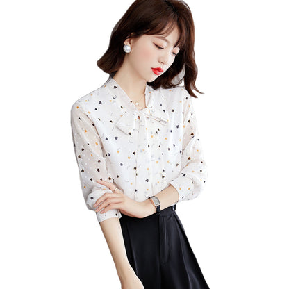 Women's Floral Bow Long Sleeve Chiffon Blouse