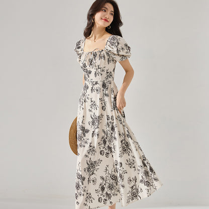 Retro Puff Sleeve Drawstring Floral Midi Dress