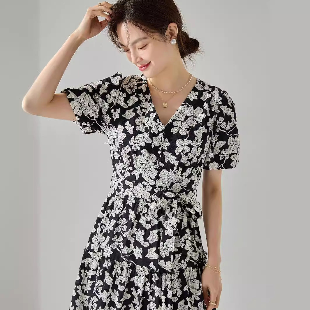 French Elegance Black & White Floral Dress