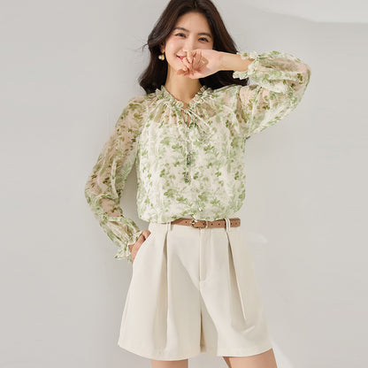 Green Floral Cottage Chiffon Blouse