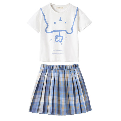 Girls' Short Sleeve Tee with Pleated Plaid Skirt Two Pieces Set
