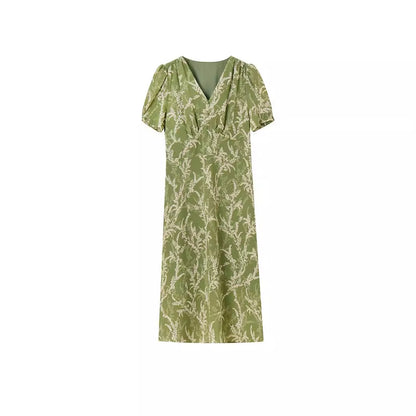 Elegant Avocado Green Floral V-Neck Midi Dress